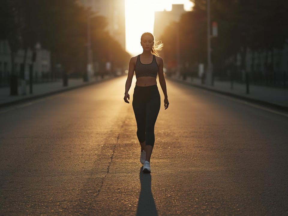 A cinematic, minimalist image of a disciplined high-performer walking forward at sunrise in an urban environment. The person is calm, focused, and composed — not rushed. Subtle athletic build, neutral colors (black, charcoal, deep green).