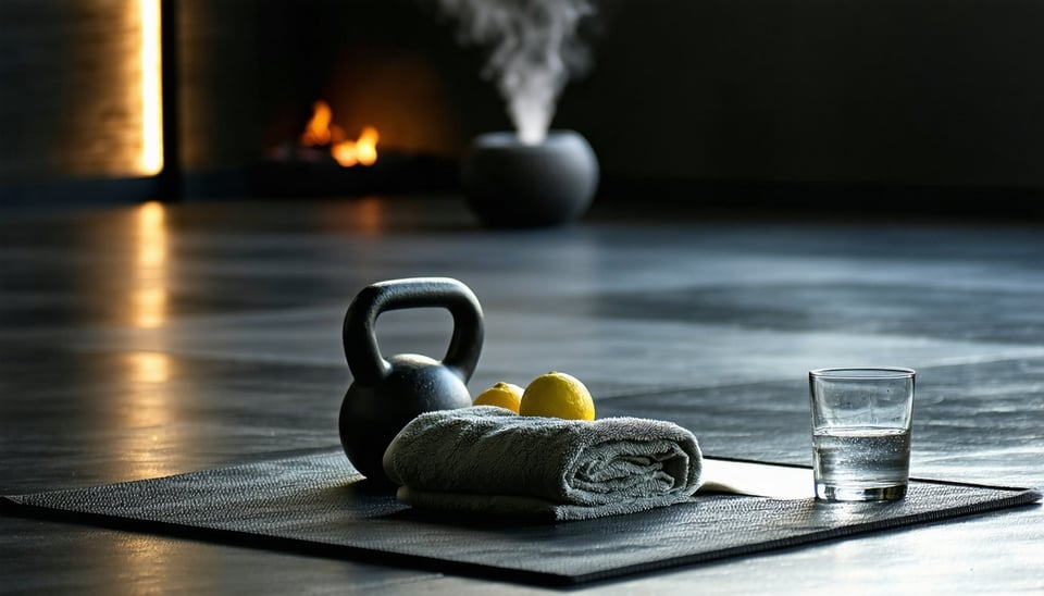 A clean luxurious gymmeetsspa interior a dark rubber gym floor with a plush towel folded neatly on top of a matte black kettlebell next to a chilled water glass with lemon In the background minimalist lighting and a faint mist diffuser or eucalyptus