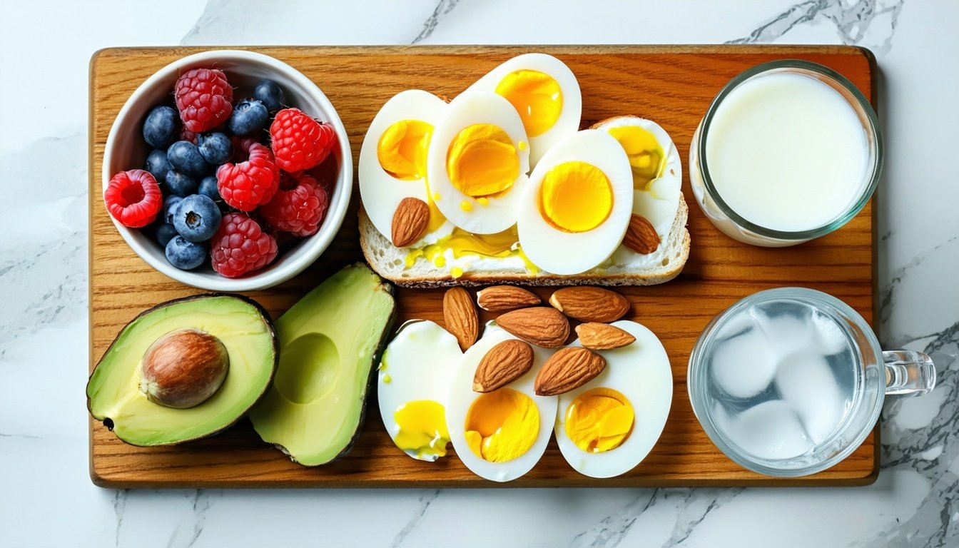 A clean, overhead flat-lay of a high-protein break