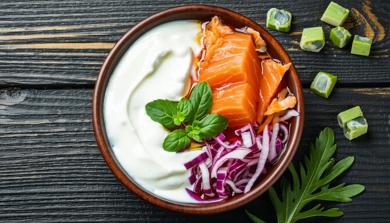 A colorful bowl of mixed fermented foods like yogu