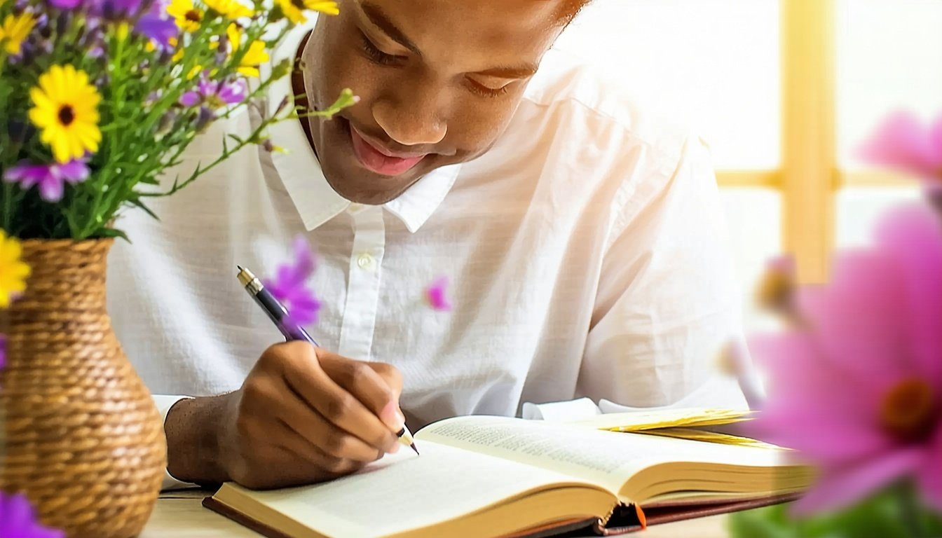 A person writing in a journal with a serene look o
