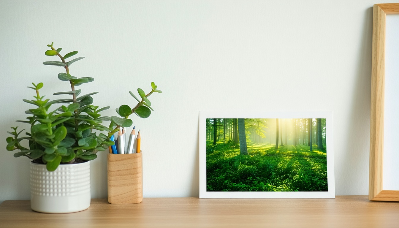 A serene image of a desk with a small plant and a