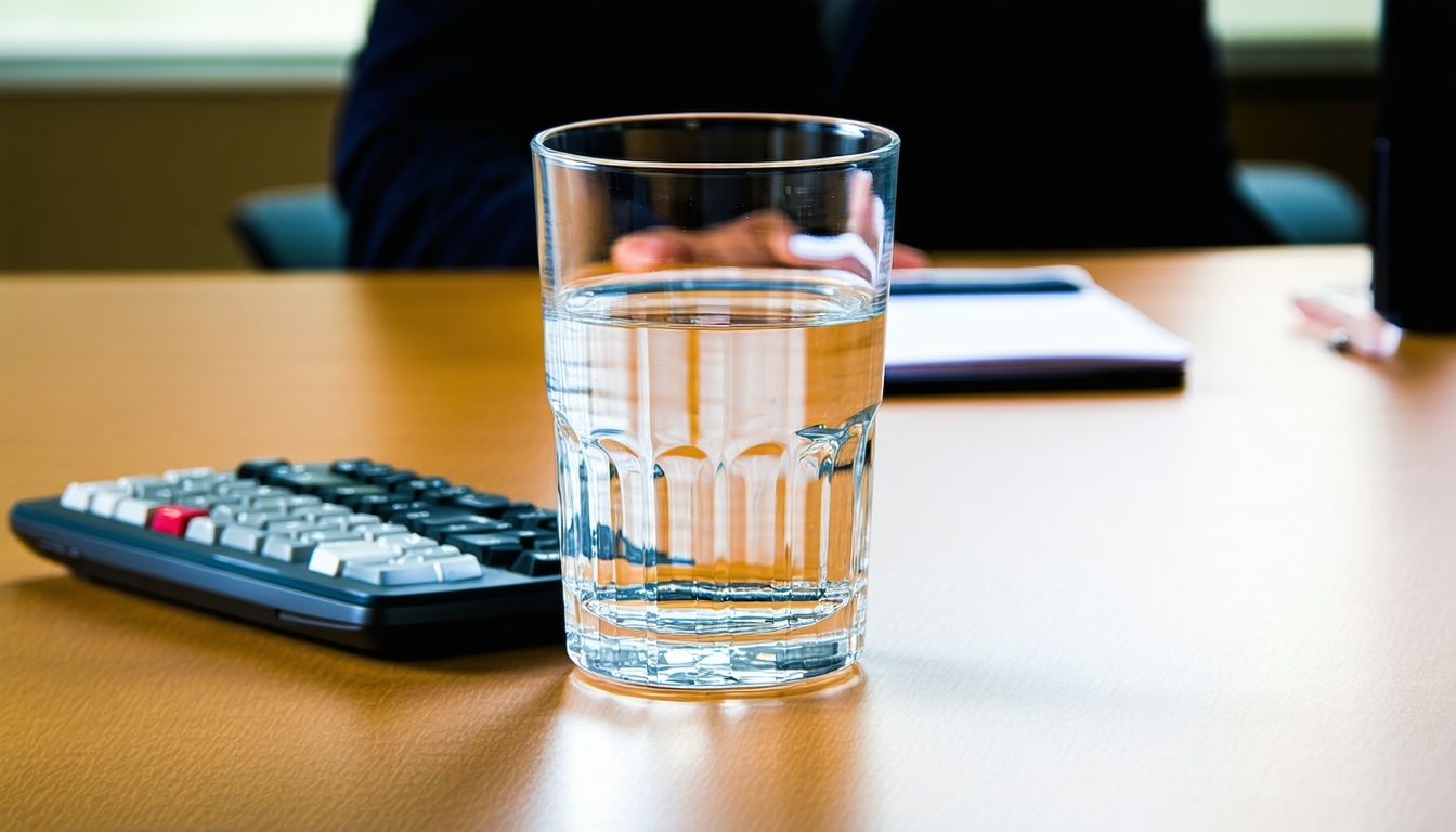 a glass of water sitting on a desk of a profession
