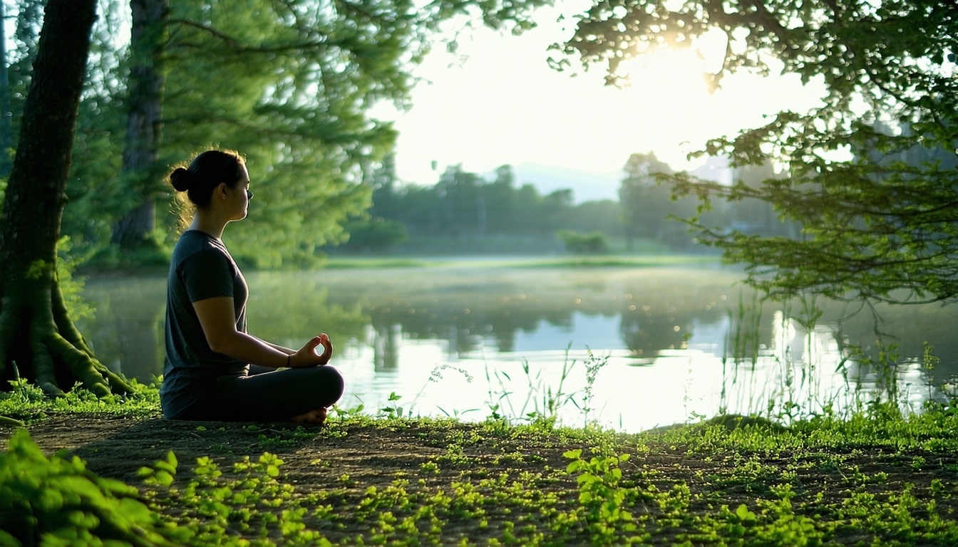 a serene image of nature, with a person practicing